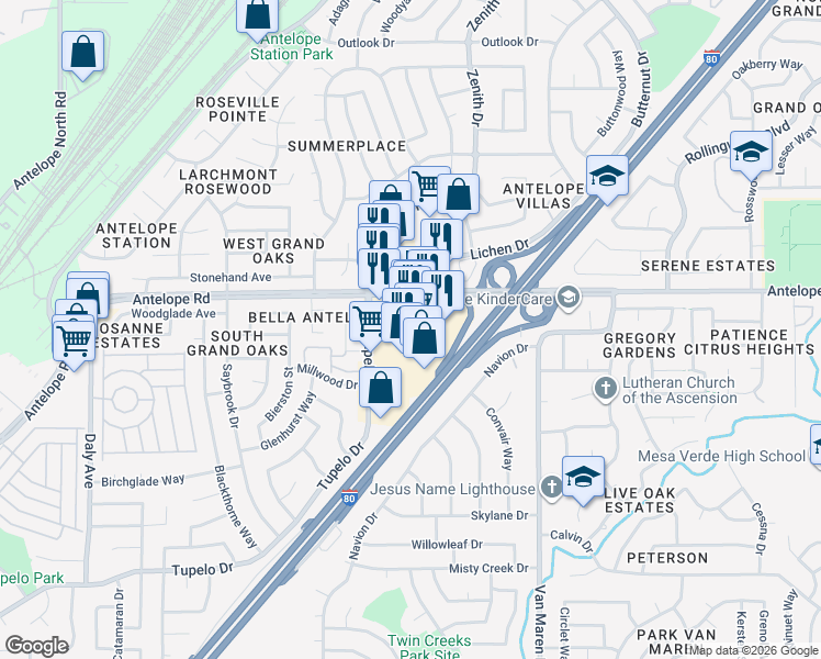 map of restaurants, bars, coffee shops, grocery stores, and more near 6454 Tupelo Drive in Citrus Heights