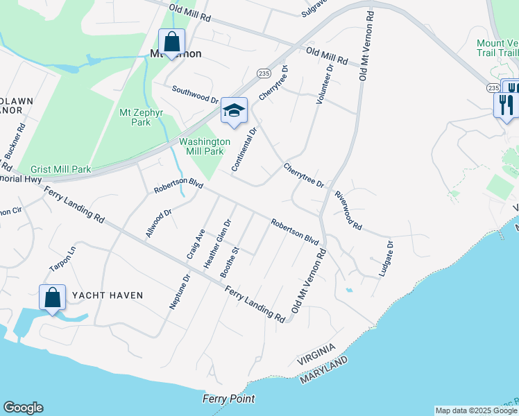 map of restaurants, bars, coffee shops, grocery stores, and more near 4110 Robertson Boulevard in Alexandria
