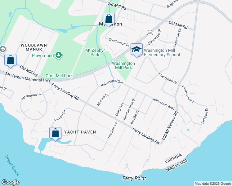 map of restaurants, bars, coffee shops, grocery stores, and more near 9223 Allwood Drive in Alexandria