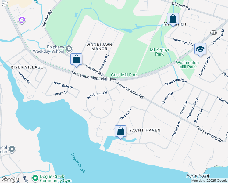 map of restaurants, bars, coffee shops, grocery stores, and more near 9315 Mount Vernon Circle in Alexandria