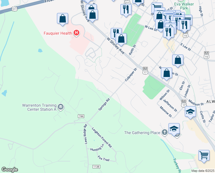 map of restaurants, bars, coffee shops, grocery stores, and more near 41 Menlough Drive in Warrenton