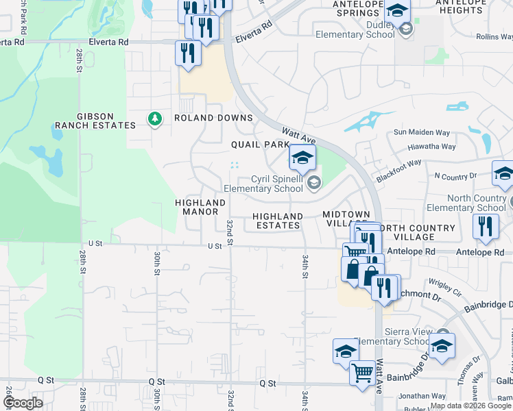 map of restaurants, bars, coffee shops, grocery stores, and more near 3237 Davidson Drive in Antelope