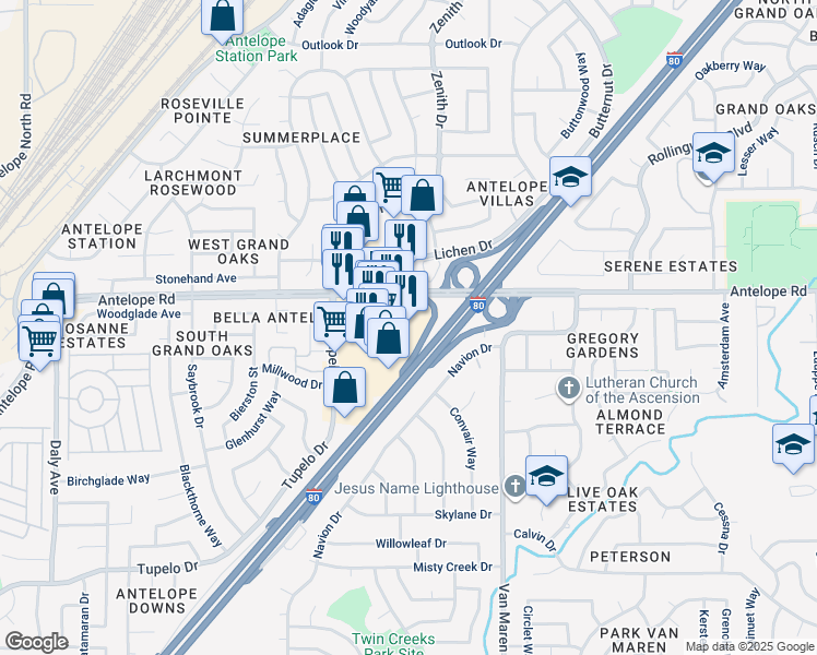 map of restaurants, bars, coffee shops, grocery stores, and more near 6510 Antelope Road in Citrus Heights