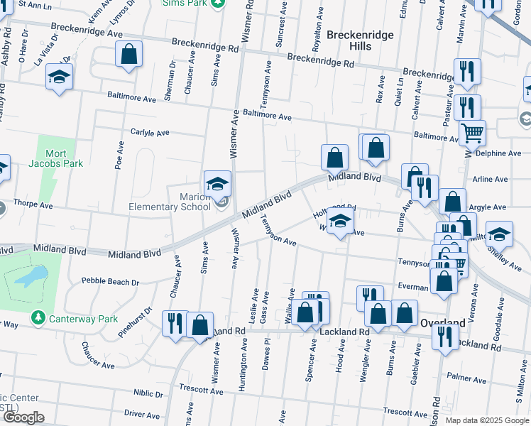 map of restaurants, bars, coffee shops, grocery stores, and more near 2640 Tennyson Avenue in Overland