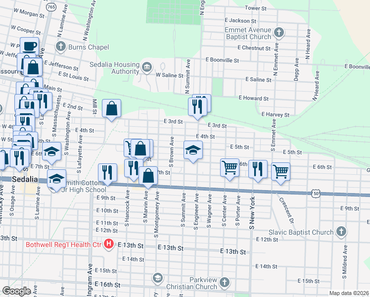 map of restaurants, bars, coffee shops, grocery stores, and more near East 5th Street in Sedalia