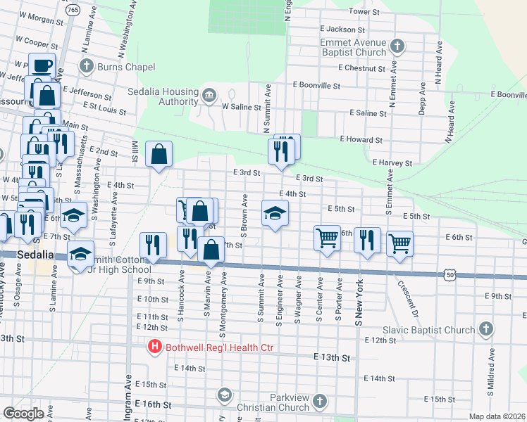 map of restaurants, bars, coffee shops, grocery stores, and more near East 5th Street in Sedalia