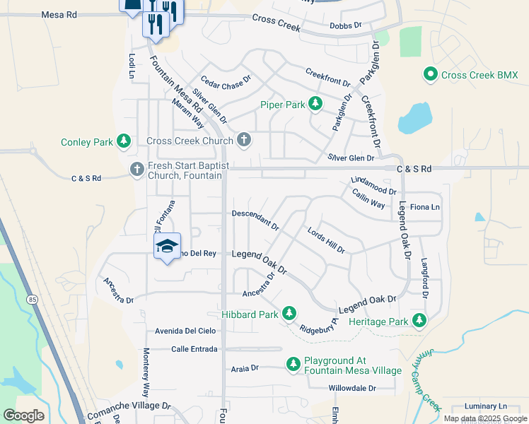 map of restaurants, bars, coffee shops, grocery stores, and more near 2115 Reminiscent Circle in Fountain