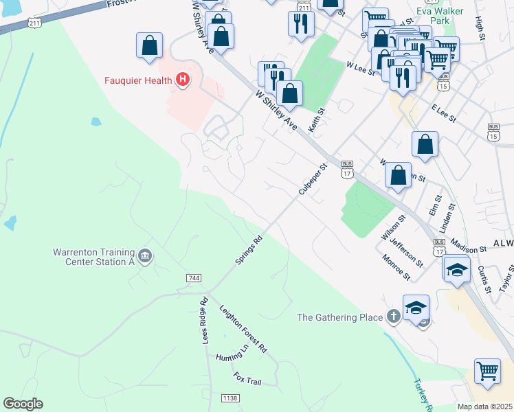 map of restaurants, bars, coffee shops, grocery stores, and more near 41 Menlough Drive in Warrenton