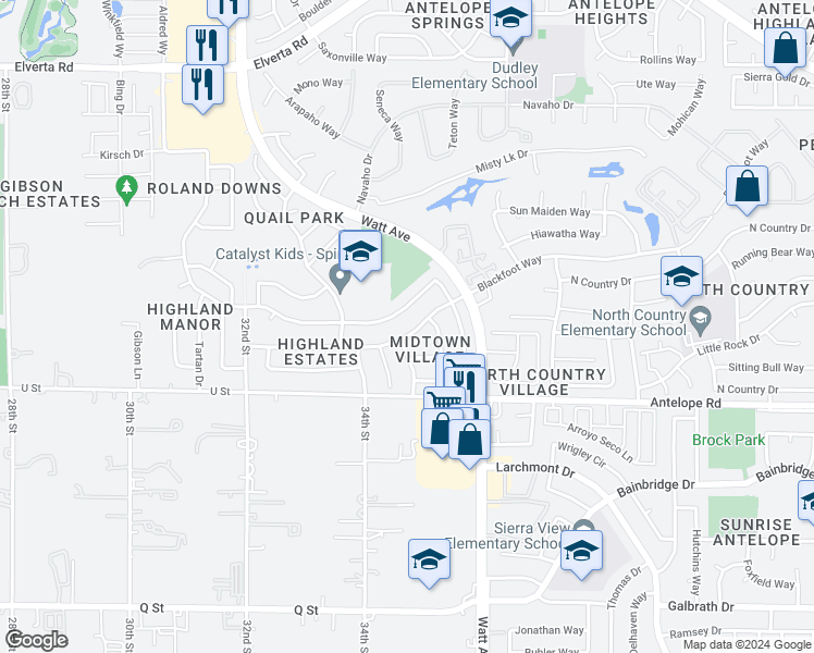 map of restaurants, bars, coffee shops, grocery stores, and more near 3445 Davidson Drive in Antelope