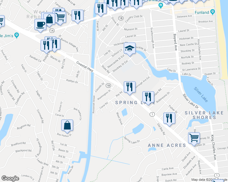 map of restaurants, bars, coffee shops, grocery stores, and more near 37871 Abaco Lane in Rehoboth Beach
