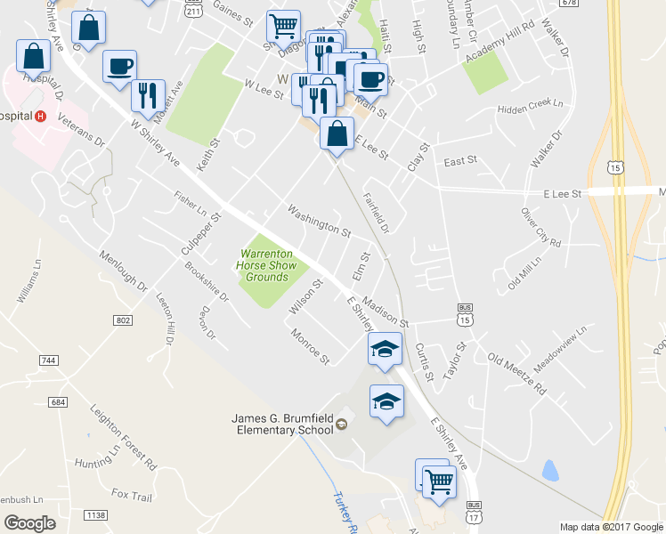 map of restaurants, bars, coffee shops, grocery stores, and more near 214 Locust Street in Warrenton