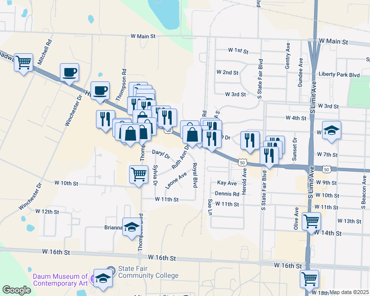 map of restaurants, bars, coffee shops, grocery stores, and more near 900-984 Royal Blvd in Sedalia