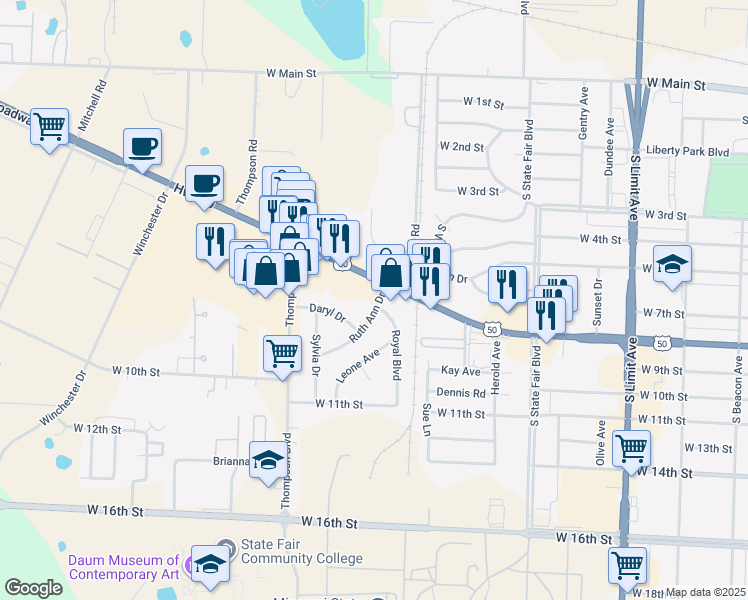 map of restaurants, bars, coffee shops, grocery stores, and more near 900-984 Royal Blvd in Sedalia