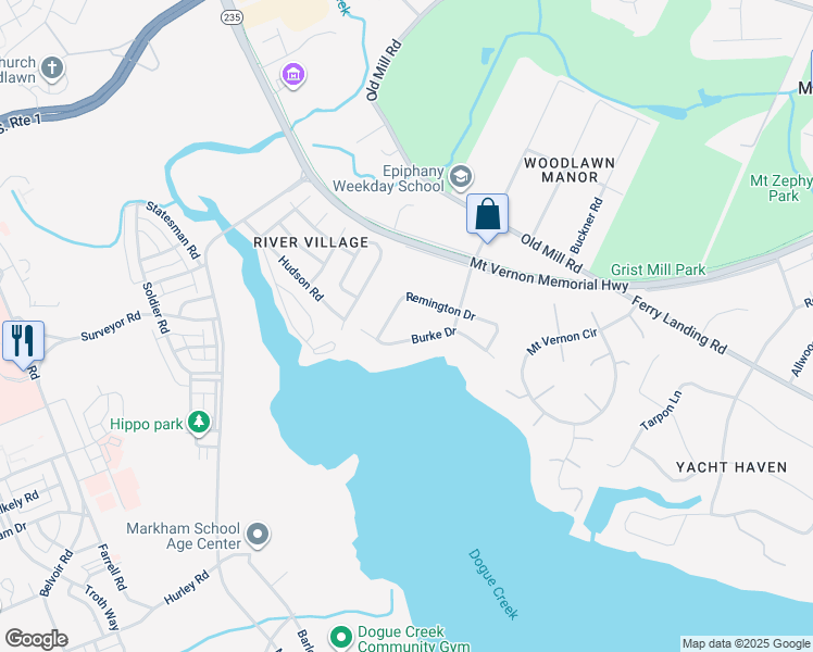 map of restaurants, bars, coffee shops, grocery stores, and more near 5216 Burke Drive in Alexandria