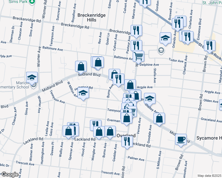 map of restaurants, bars, coffee shops, grocery stores, and more near 9436 Holtwood Road in Overland