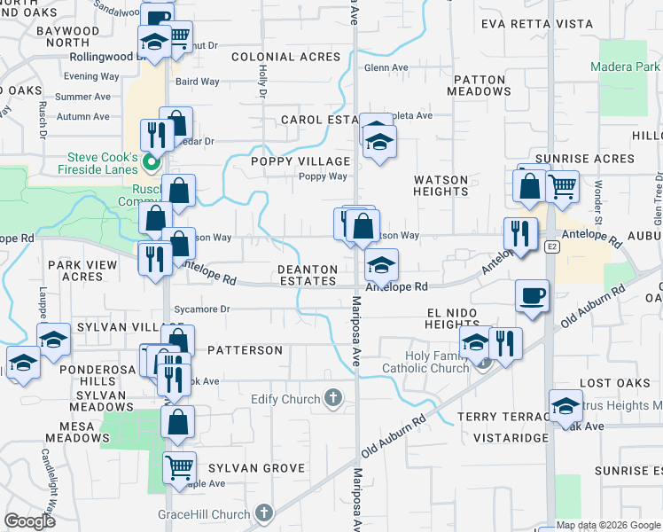 map of restaurants, bars, coffee shops, grocery stores, and more near 7672 Reno Lane in Citrus Heights