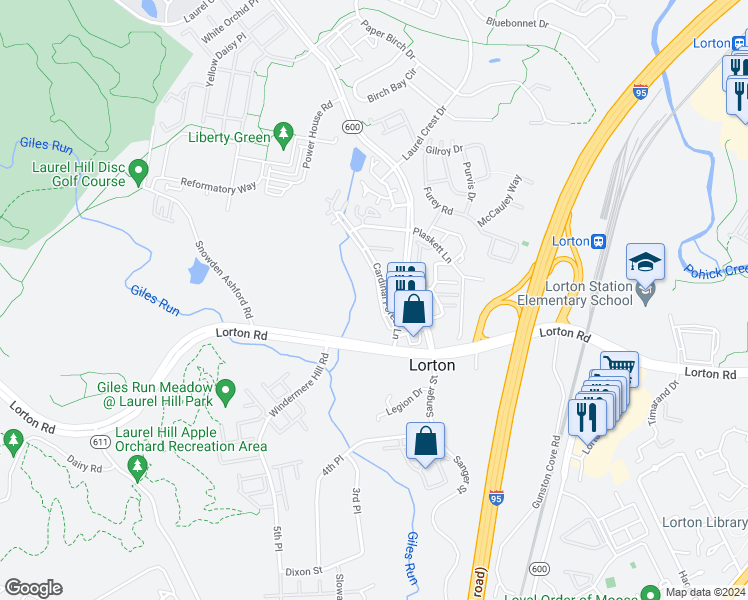 map of restaurants, bars, coffee shops, grocery stores, and more near 9276 Cardinal Forest Lane in Lorton