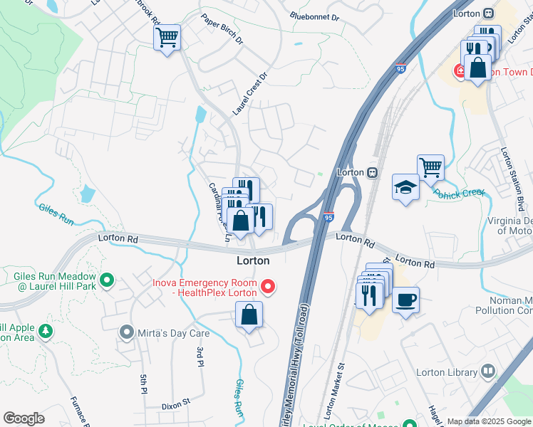 map of restaurants, bars, coffee shops, grocery stores, and more near 8174 Cockburn Court in Lorton
