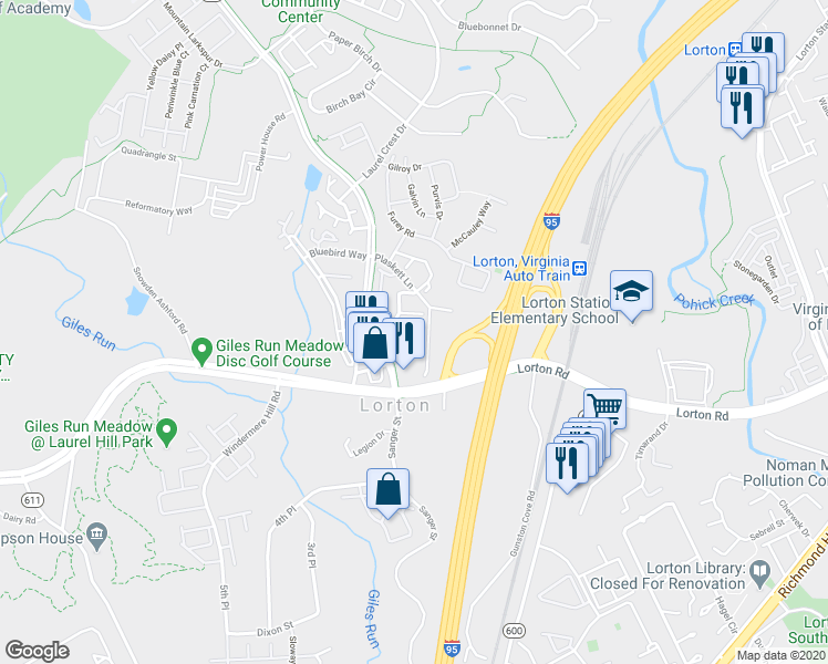 map of restaurants, bars, coffee shops, grocery stores, and more near 8174 Cockburn Court in Lorton