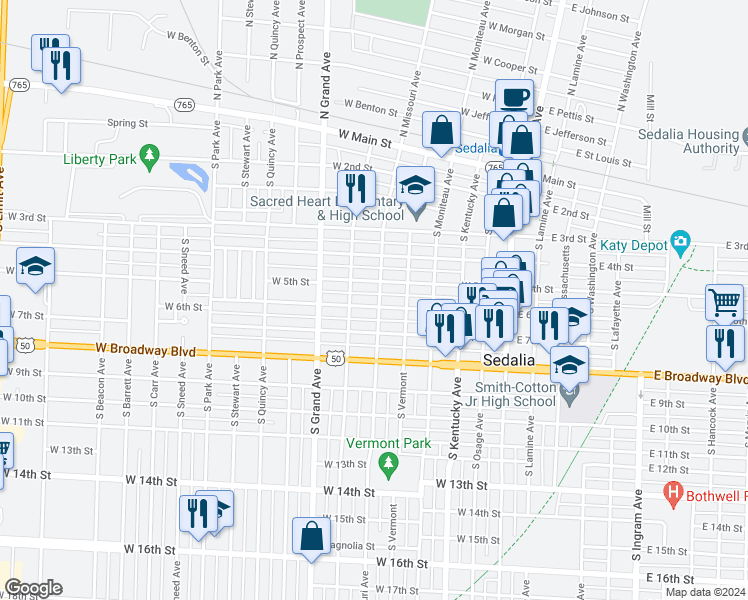 map of restaurants, bars, coffee shops, grocery stores, and more near 602 West 6th Street in Sedalia