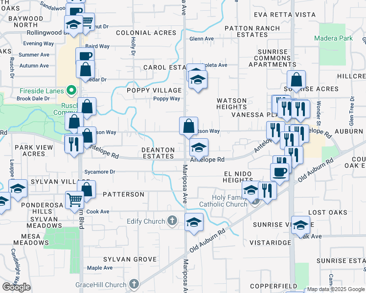 map of restaurants, bars, coffee shops, grocery stores, and more near 7700 Mariposa Avenue in Citrus Heights