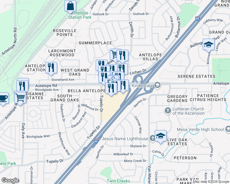 map of restaurants, bars, coffee shops, grocery stores, and more near 6454 Tupelo Drive in Citrus Heights