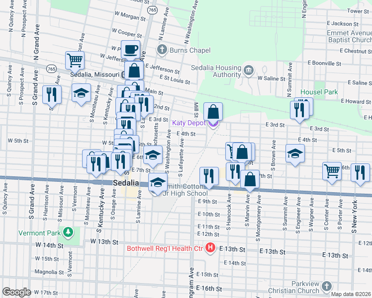map of restaurants, bars, coffee shops, grocery stores, and more near 521 South Lafayette Avenue in Sedalia