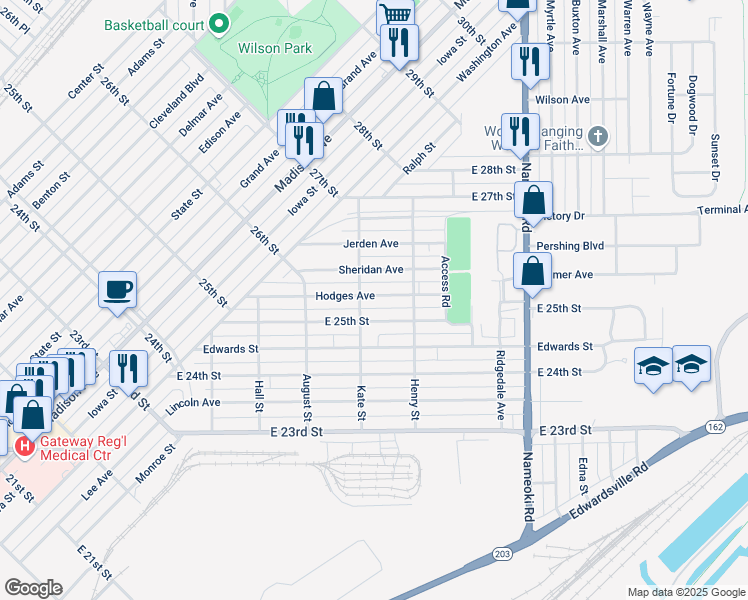 map of restaurants, bars, coffee shops, grocery stores, and more near 2510 Hodges Avenue in Granite City