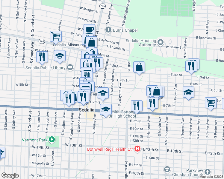 map of restaurants, bars, coffee shops, grocery stores, and more near 522 South Washington Avenue in Sedalia