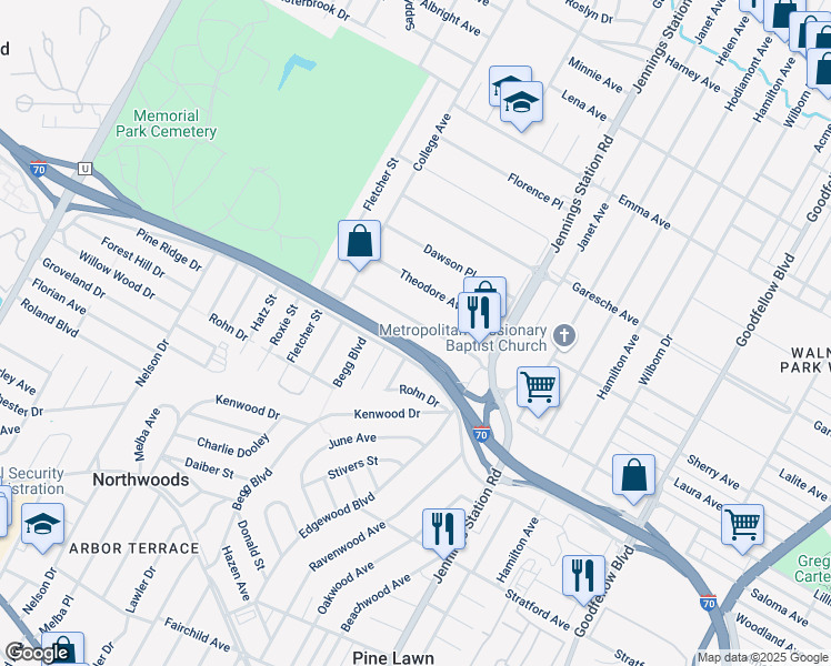 map of restaurants, bars, coffee shops, grocery stores, and more near 7044 Lilian Avenue in St. Louis