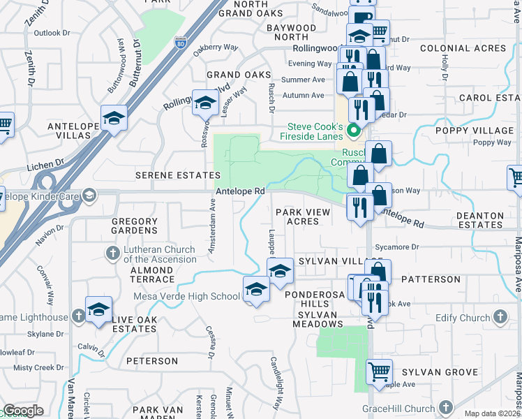 map of restaurants, bars, coffee shops, grocery stores, and more near 7733 Lauppe Lane in Citrus Heights