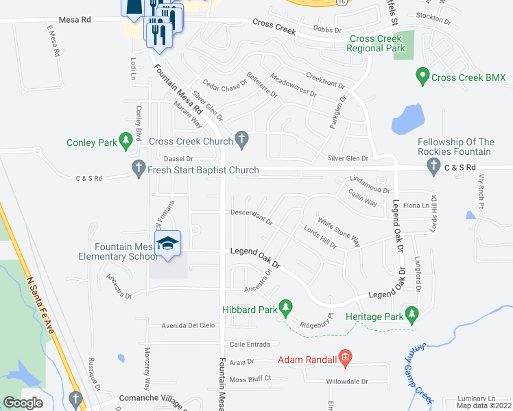 map of restaurants, bars, coffee shops, grocery stores, and more near 2116 Reminiscent Circle in Fountain