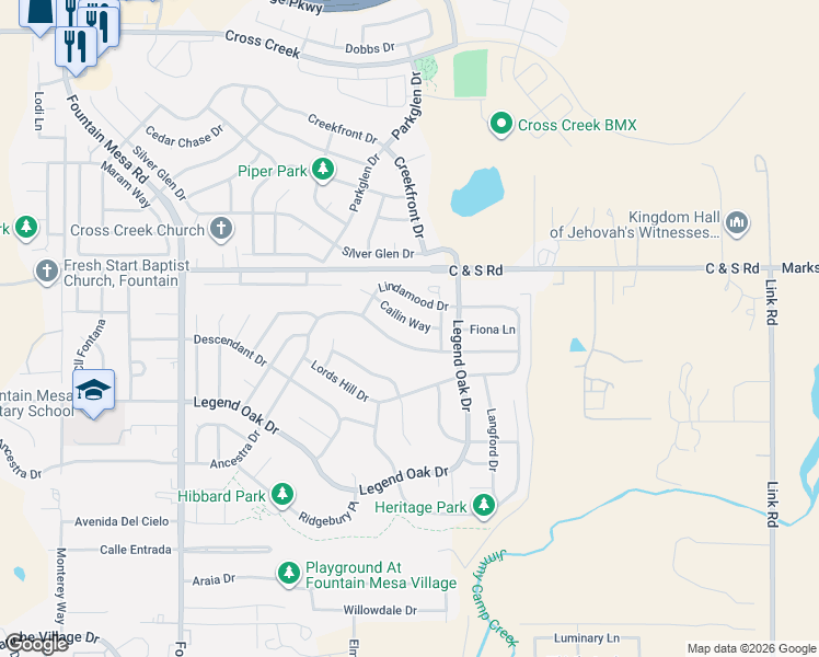 map of restaurants, bars, coffee shops, grocery stores, and more near 1351 Ancestra Drive in Fountain