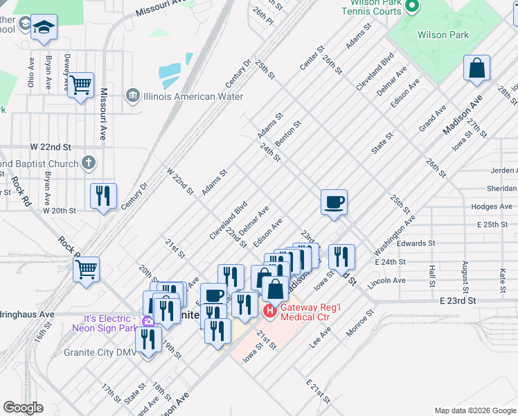 map of restaurants, bars, coffee shops, grocery stores, and more near 2245 Edison Avenue in Granite City