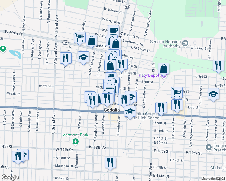 map of restaurants, bars, coffee shops, grocery stores, and more near 100-198 East 6th Street in Sedalia