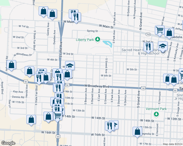 map of restaurants, bars, coffee shops, grocery stores, and more near 555-699 South Barrett Avenue in Sedalia