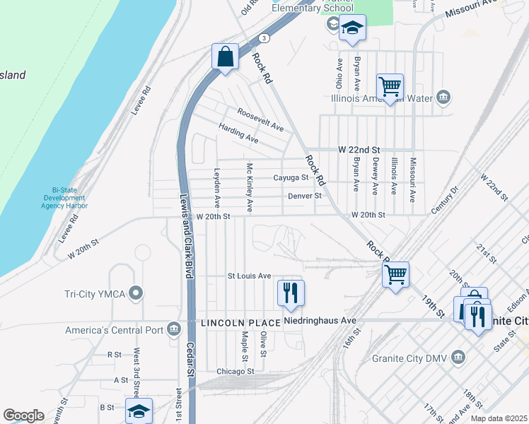 map of restaurants, bars, coffee shops, grocery stores, and more near 2718 West 20th Street in Granite City