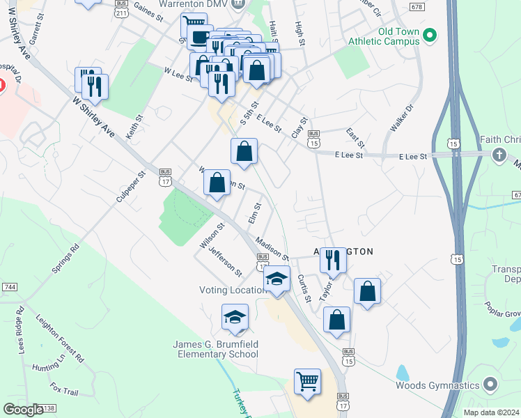 map of restaurants, bars, coffee shops, grocery stores, and more near 183 Elm Street in Warrenton