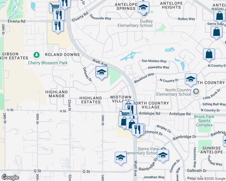 map of restaurants, bars, coffee shops, grocery stores, and more near 3454 Scotland Drive in Antelope