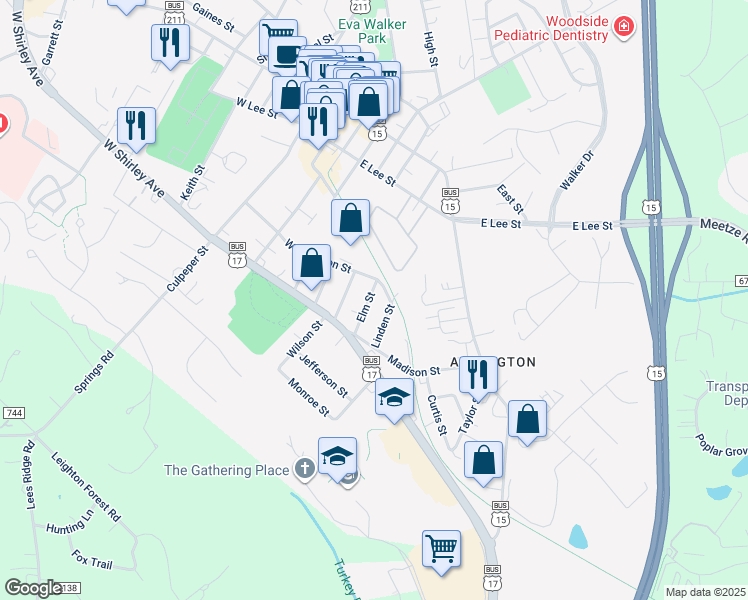 map of restaurants, bars, coffee shops, grocery stores, and more near 183 Elm Street in Warrenton