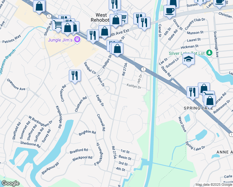 map of restaurants, bars, coffee shops, grocery stores, and more near 4 Eagles Landing in Rehoboth Beach