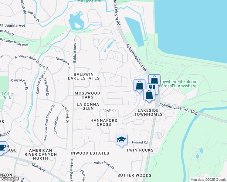 map of restaurants, bars, coffee shops, grocery stores, and more near 388 Raymond Lane in Folsom