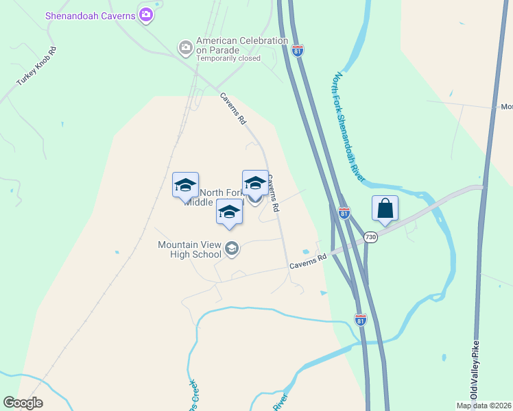 map of restaurants, bars, coffee shops, grocery stores, and more near 1018 Caverns Road in Quicksburg