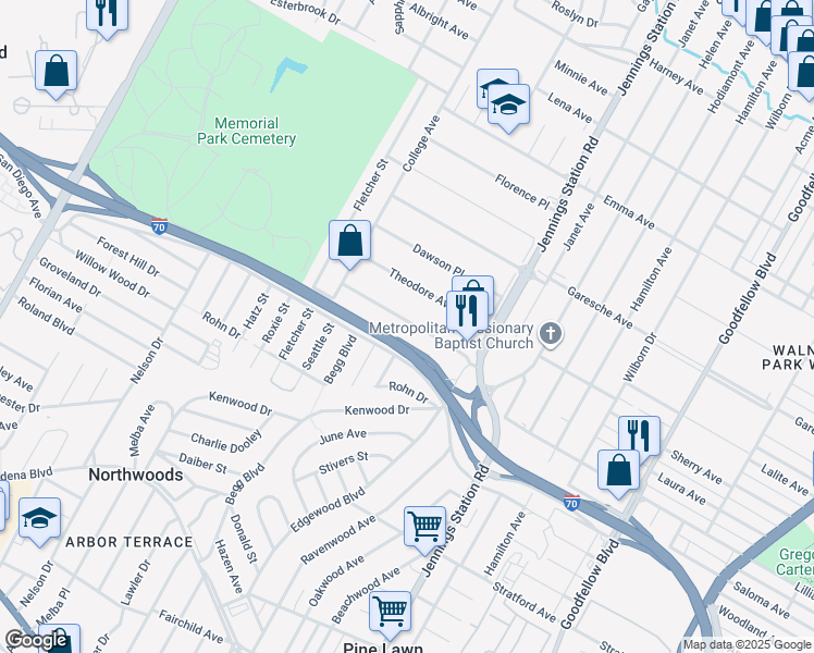 map of restaurants, bars, coffee shops, grocery stores, and more near 7044 Lilian Avenue in St. Louis