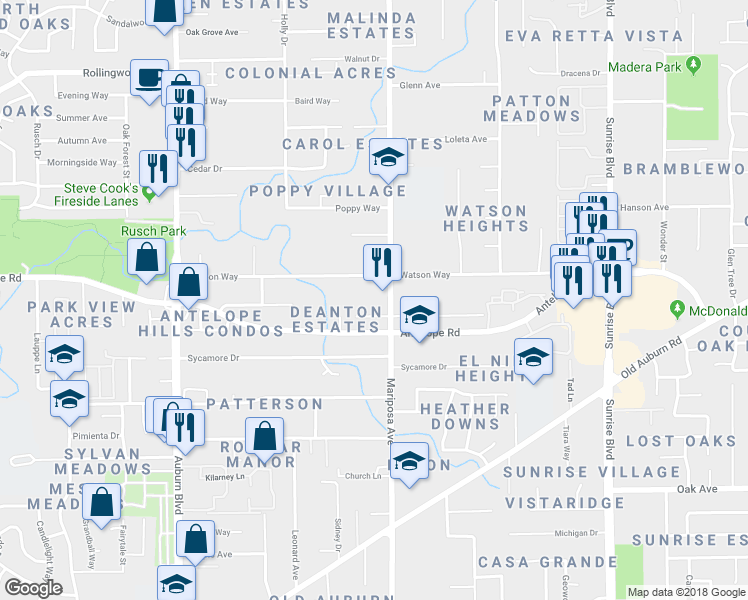 map of restaurants, bars, coffee shops, grocery stores, and more near 7672 Reno Lane in Citrus Heights