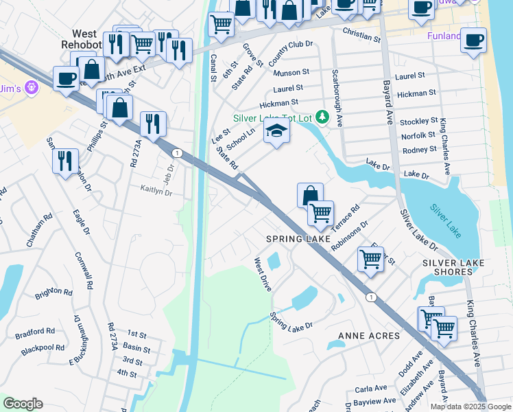 map of restaurants, bars, coffee shops, grocery stores, and more near 20582 Bay Road in Rehoboth Beach