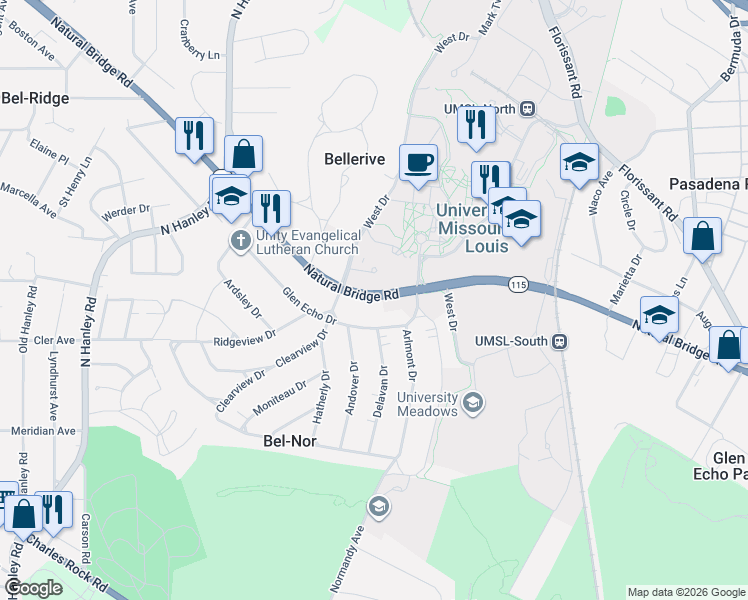 map of restaurants, bars, coffee shops, grocery stores, and more near 8109 Glen Echo Drive in St. Louis