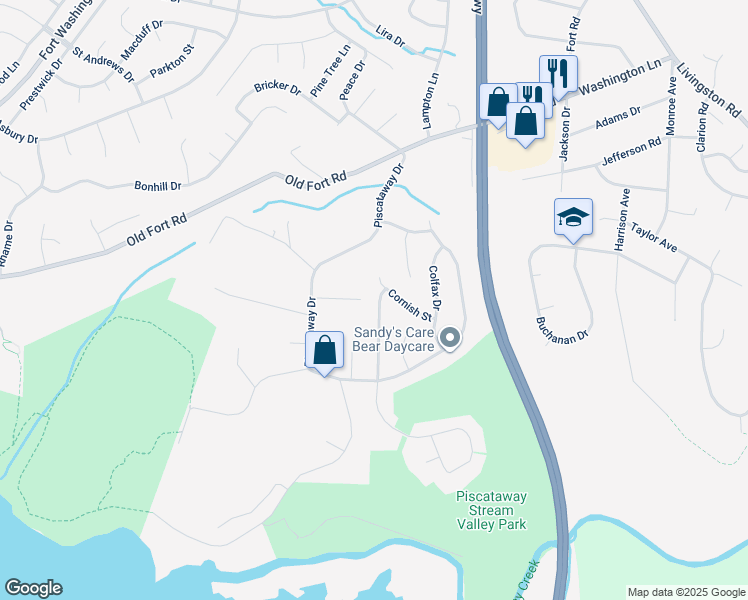 map of restaurants, bars, coffee shops, grocery stores, and more near 13303 Pendleton Street in Fort Washington