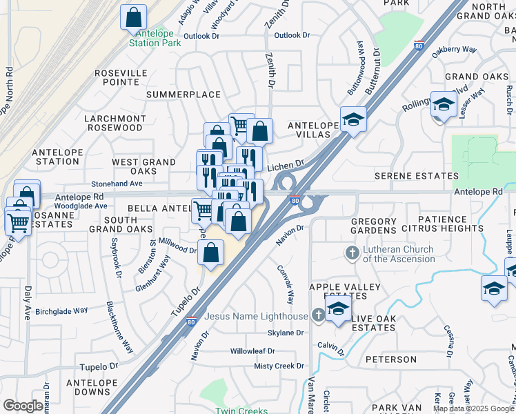 map of restaurants, bars, coffee shops, grocery stores, and more near 6510 Antelope Road in Citrus Heights