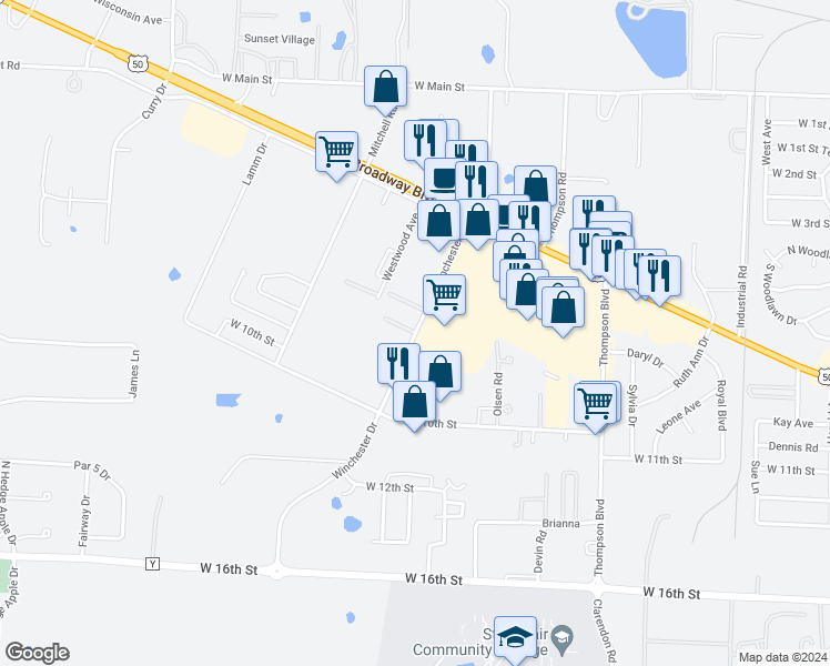 map of restaurants, bars, coffee shops, grocery stores, and more near 914 Winchester Road in Sedalia